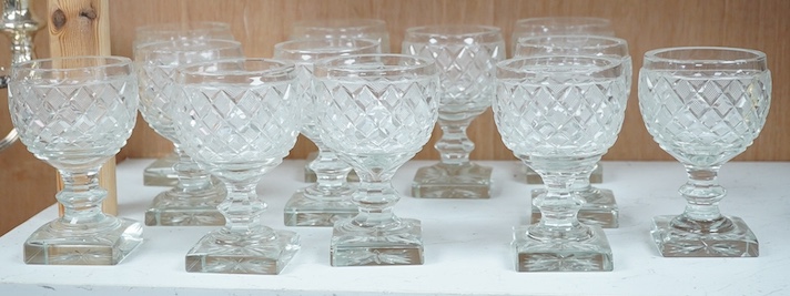 A set of twelve Voneche glass square based wine glasses, 12cm high. Condition - some small chips